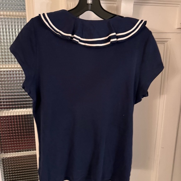 Lauren Ralph Lauren navy blue w/Ruffled V-Neck with white accents Size large - Picture 3 of 7